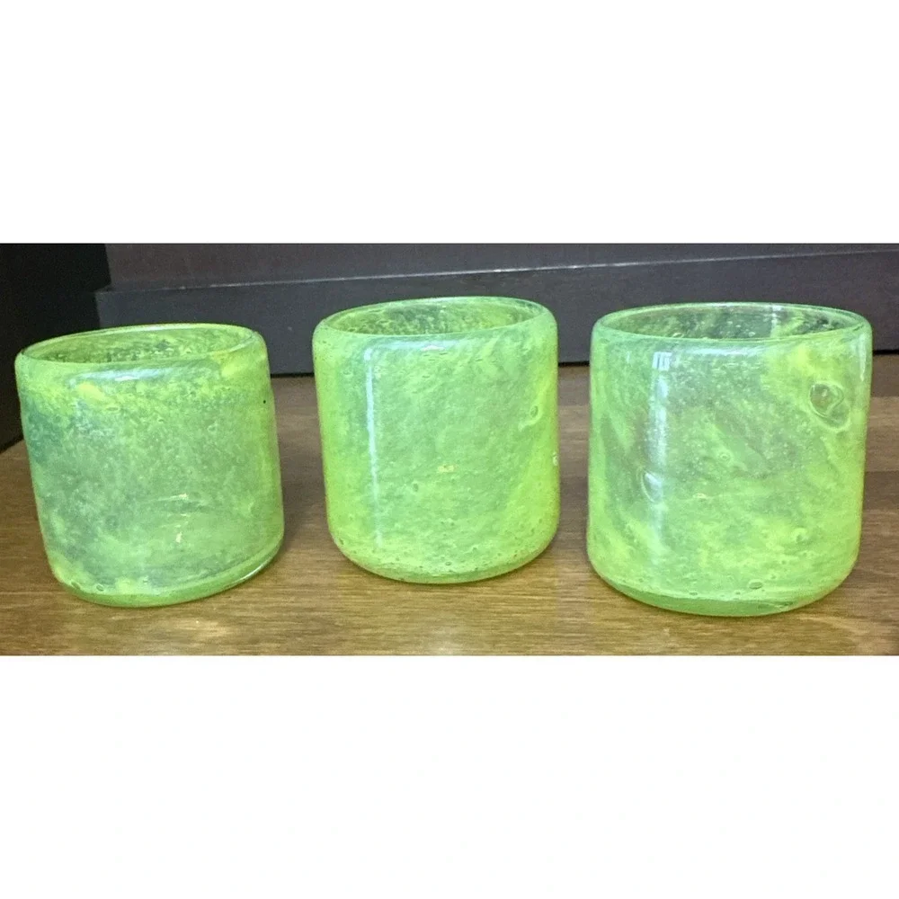 3 Crate & Barrel Votive Candle Holders Calypso Green Mexican Glass Tea Light